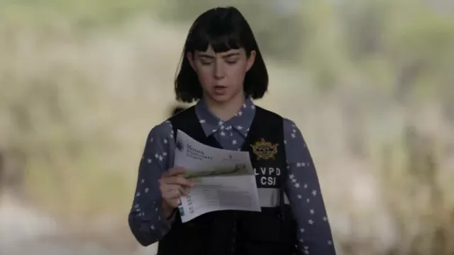 Equipment Slim Signature Silk Shirt In Blue Stone Star worn by Penny Gill (Sarah Gilman) as seen in CSI: Vegas (S02E11)