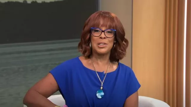 Calvin Klein Capelet Sheath Dress in Regatta worn by Gayle King as seen in CBS Mornings on January 11, 2023