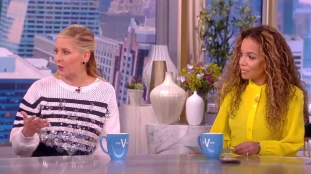 Pinko Sequin Embellished Striped Jumper worn by Sarah Michelle as seen in The View on  January 24, 2023