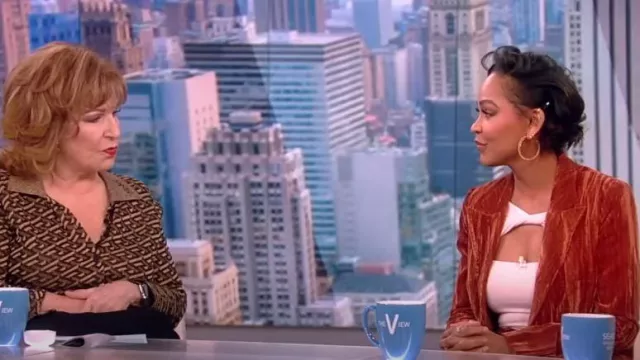 Wayf Presley Rust Brown Velvet Double Breasted Blazer worn by Meagan Good as seen in The View on January 24, 2023