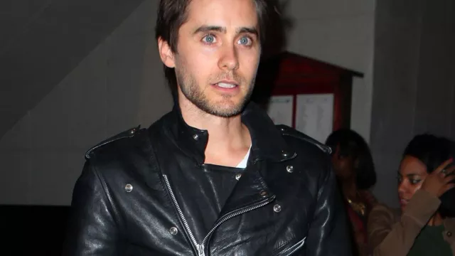 Motorcycle Leather Jacket worn by Jared Leto for US Premiere of Sony Pictures' 'Spider-Man: No Way Home' on December 13, 2021 in Los Angeles, California