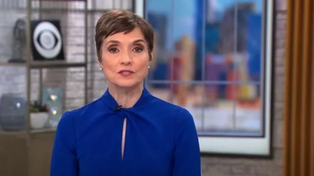 Donna Morgan Knotted Crepe Sheath Dress worn by Catherine Herridge as seen in CBS Mornings on January 25, 2023