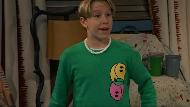 Old Navy Smiley Face Sweatshirt worn by Jake (Luke Busey) as seen in BUNK'D (S06E13)
