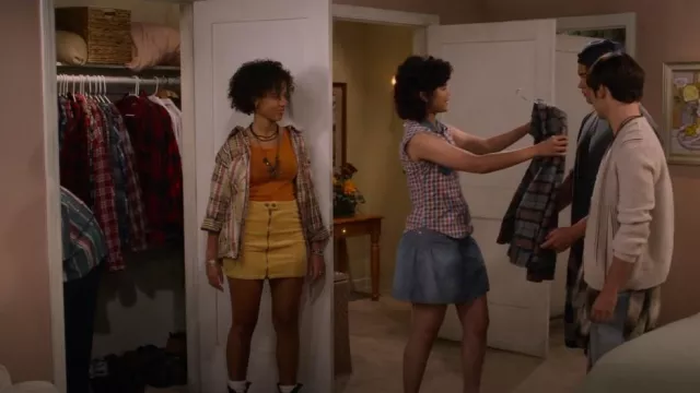 Blue Spice Yellow Cord Zip Mini Skirt worn by Gwen Runck (Ashley Aufderheide) as seen in That '90s Show (S01E02)