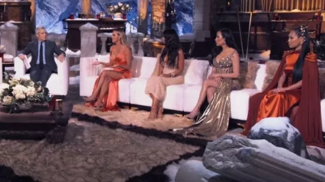 Rene Caovilla Leather & Copper Snake Strap Sandals worn by Angie Katsanevas as seen in The Real Housewives of Salt Lake City (S03E15)