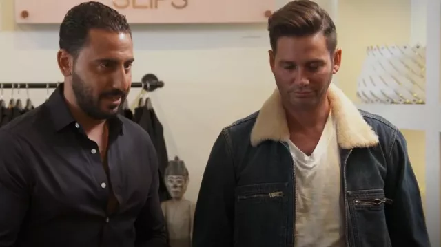 Tom Ford Cropped Shear­ling Trimmed Den­im Jack­et worn by Josh Flagg as seen in Million Dollar Listing Los Angeles (S14E07)