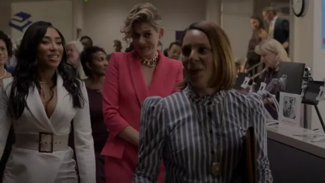 Veronica Beard Holli Striped Strong-shoulder Button-front Shirt worn by Simone Garner (Cynthia Evans) as seen in The Game (S02E07)