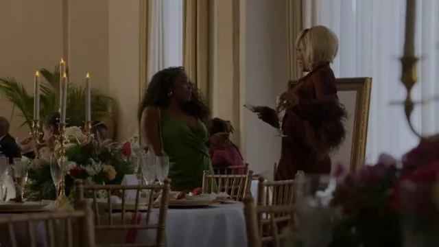 Aidan by Aidan Mattox Draped Vel­vet V-Neck Mi­ni Dress worn by Brittany Pitts (Adriyan Rae) as seen in The Game (S02E08)