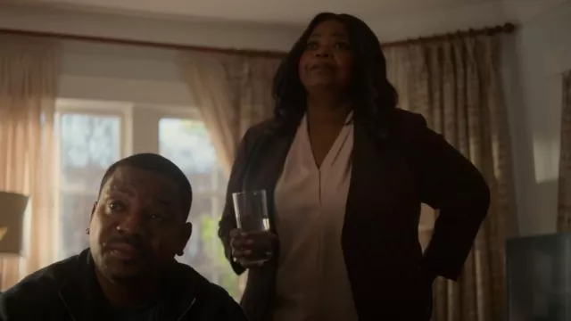 Calvin Klein Plus Size Pleated Blouse worn by Poppy Scoville-Parnell (Octavia Spencer) as seen in Truth Be Told (S02E06)