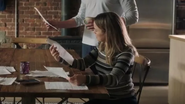 Theory Stripe Regal Wool Crewneck Sweater worn by Maggie Bloom (Allison Miller) as seen in A Million Little Things (S04E08)