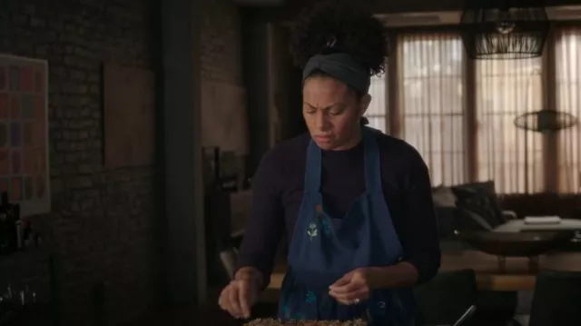 Anthropologie Stacia Embroidered Indigo Apron worn by Regina Howard (Christina Moses) as seen in A Million Little Things (S04E10)