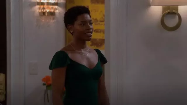 Reformation Baxley Dress in Emerald worn by Necie (Chelsea Harris) as seen in The Neighborhood (S05E13)