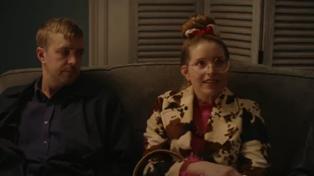 Helene Berman 90s Cow Print Coat worn by Rosie (Jessie Cave) as seen in Buffering (S02E02)