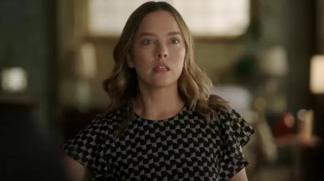 Joie Ansell Flutter Sleeve Geometric Blouse worn by Maggie Bloom (Allison Miller) as seen in A Million Little Things (S05E01)