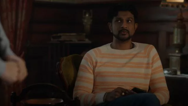 Scotch & Soda Melange Jacquard Striped Crewneck Sweater worn by Jay Arondekar (Utkarsh Ambudkar) as seen in Ghosts (S02E14)