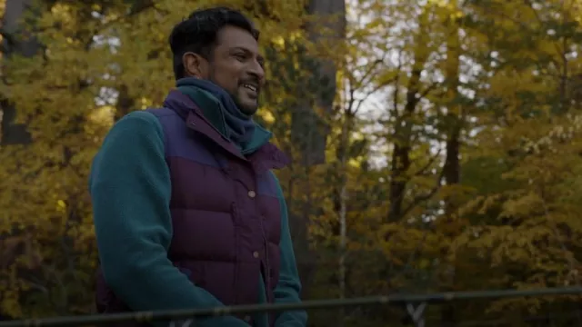 LL Bean Puffer Vest Coloblock worn by Jay Arondekar (Utkarsh Ambudkar) as seen in Ghosts (S02E14)