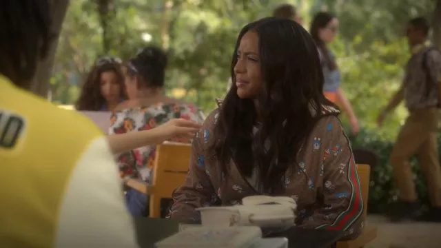 Gucci Doraemon Fujiko Pro GG Zip Up Jacket worn by Annika Longstreet (Justine Skye) as seen in grown-ish (S05E13)