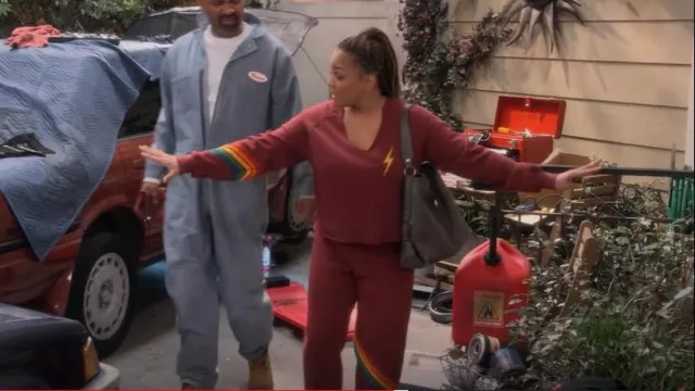 Aviator Nation Rainbow Sweatpatns in Claret worn by Regina Upshaw (Kim Fields) as seen in The Upshaws (S03E02)