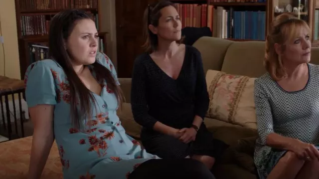 Urban Outfitters Mallory Blue Dress with Orange Flowers worn by Toni  Gilmour (Jodie Tyack) as seen in Agatha Raisin (S03E05) | Spotern