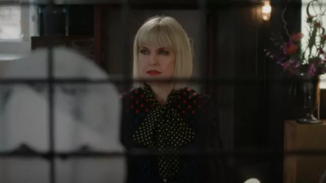 Alice + Olivia Jeannie Bow Neck Polka Dot Blouse worn by Agatha Raisin (Ashley Jensen) as seen in Agatha Raisin (S03E06)