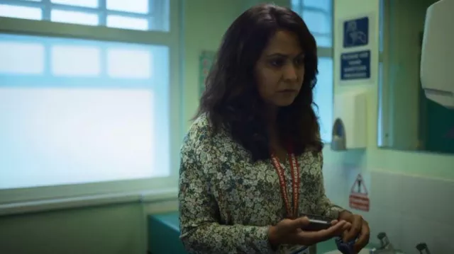& Other Stories Buttoned Blouse with Ruffles worn by Dr. Maryam Afridi (Parminder Nagra) as seen in Maternal (S01E01)