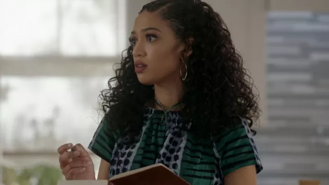 Studio 189 Green Aggie Hand Batik Off Shoulder Cropped Top worn by Olivia Baker (Samantha Logan) as seen in All American (S04E10)