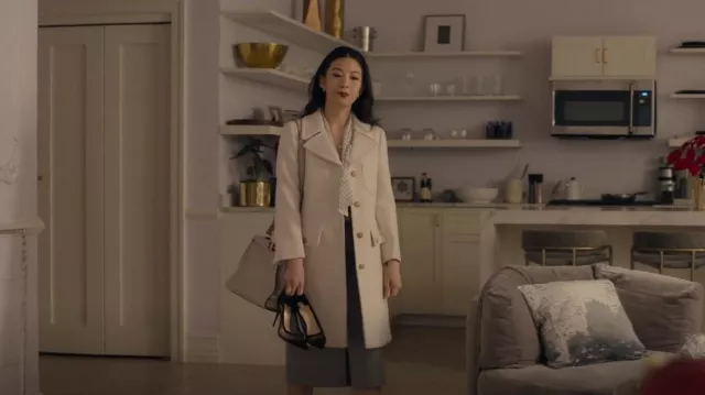 Gucci Double G Embroidered Wool Coat worn by Ingrid Yun (Arden Cho) as seen in Partner Track (S01E09)