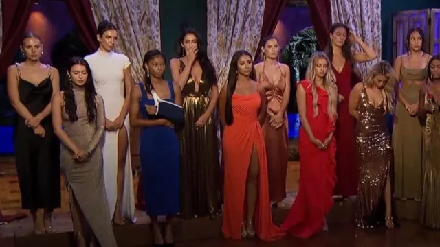 Bronx and Banco God­dess Gown in Gold worn by Ariel Frenkel as seen in The Bachelor (S27E03)