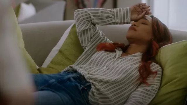 Club Monaco Signature Striped Silk Shirt in White Printed Multi worn by Iris West-Allen (Candice Patton) as seen in The Flash (S08E11)