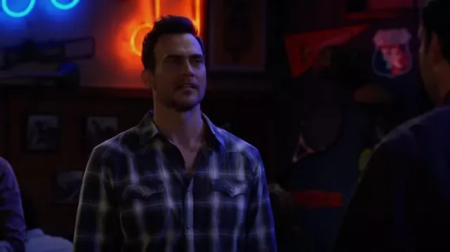 Moonshine Spirit Men's All Day Long Large Plaid Snap Western Shirt worn by Max (Cheyenne Jackson) as seen in Call Me Kat (S03E15)