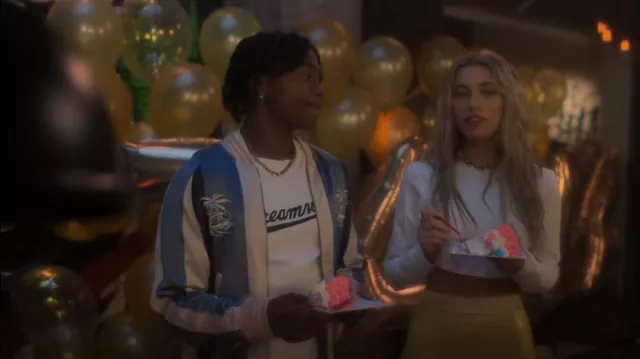 The Kooples Blue And Pink Em­broi­dered Jacket In Fabric worn by Zeke (Ceyair J Wright) as seen in grown-ish (S05E14)