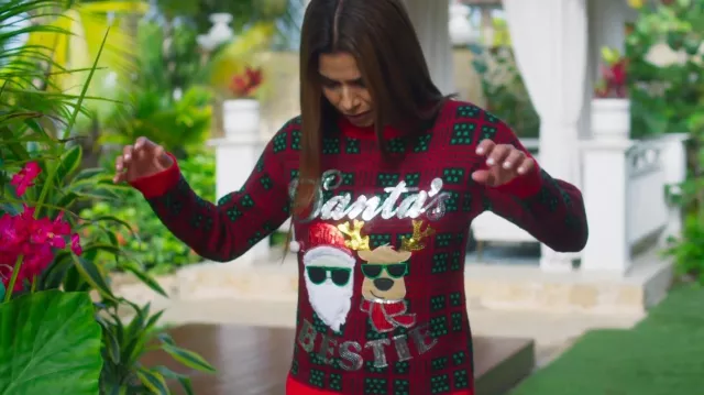 Suéter navideño feo sin límites usado por Elena Roarke (Roselyn Sánchez) como se ve en Fantasy Island (S01E10)