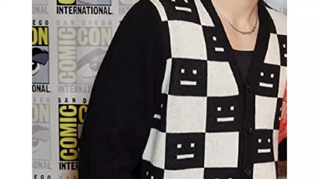 Acne Studios logo-intarsia checkerboard cardigan in Black and worn by Asher Angel for Shazam! Fury of the Gods Comic Con 2022 full panel