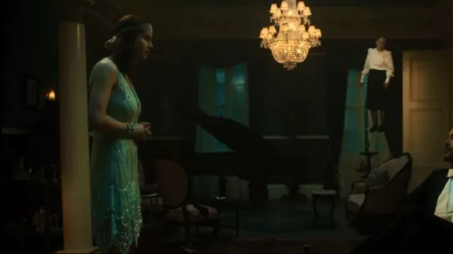 The Deco Haus The Paris 1920's Handkerchief Art Deco Gown - Turquoise Green Silver worn by Rowan Fielding (Alexandra Daddario) as seen in Anne Rice's Mayfair Witches (S01E05)