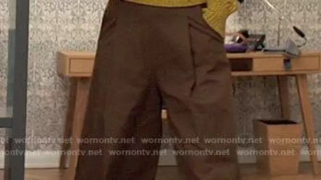 Brown oversize pant worn by Cassie Bowden (Kaley Cuoco) in The Flight Attendant TV show wardrobe (S02E03)