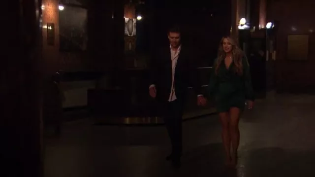 Gianni Bini Avery Long Sleeve Satin Point Collar Neck Faux Wrap Dress worn by Kaity Biggar as seen in The Bachelor (S27E07)