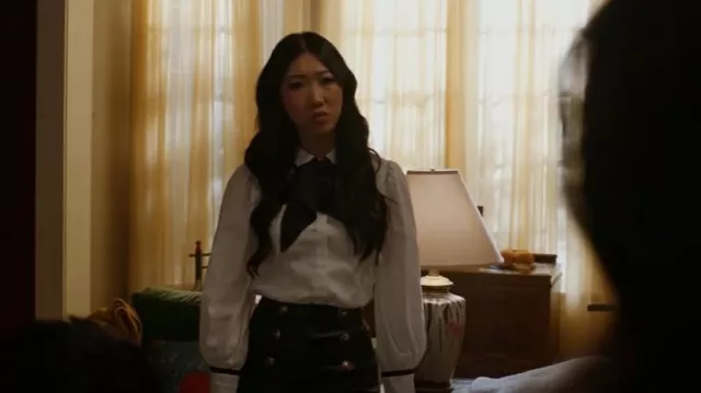 Alice + Olivia Sharen Puff Sleeve Bow Tie But­ton Blouse worn by Althea Shen (Shannon Dang) as seen in Kung Fu (S03E13)