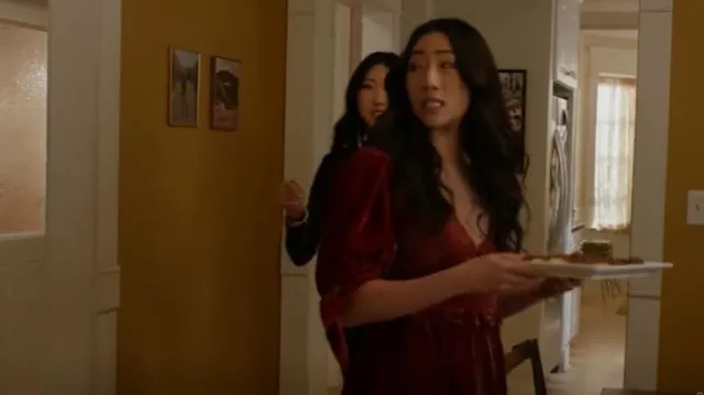 Sea Mayde Velvet Puff Sleeve Smocked Dress worn by Nicky Shen (Olivia Liang) as seen in Kung Fu (S03E13)