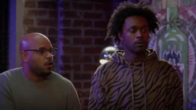 Twenty Tiger Stripe Knit Pullover Hood­ie worn by Noah Koles (Echo Kellum) as seen in Grand Crew (S01E10)