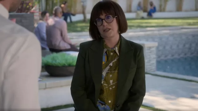 Blusa de sarga de seda estampada Tory Burch usada por Lydia Dunfree (Megan Mullally) como se ve en Party Down (S03E02)