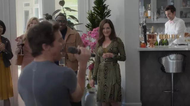 Diane Von Furstenberg Green Silk Wrap Dress worn by Mira (Rebecca Marshall) as seen in Party Down (S03E02)