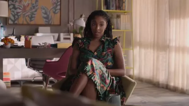 La DoubleJ Floral Print Ruffle Dress worn by Gaby (Jessica Williams) as seen in Shrinking (S01E09)
