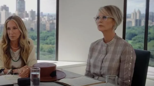 Altuzarra Oleana Plaid Top worn by Miranda Hobbes (Cynthia Nixon) as seen in And Just Like That… (S01E03)