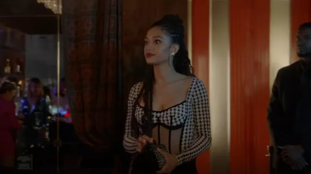 David Koma Houndstooth Net Corset Bodysuit worn by Olivia Baker (Samantha Logan) as seen in All American (S05E14)