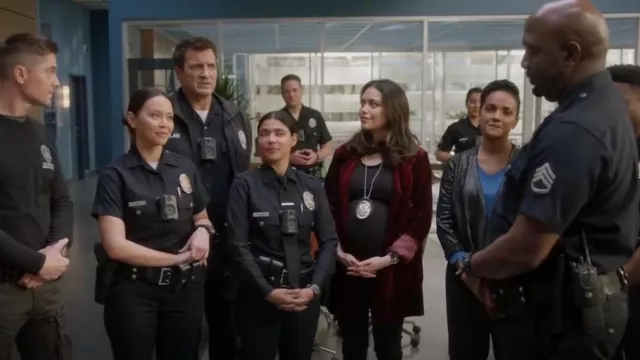 Blank NYC Black "Crocodile" Faux Suede Drape Front IronGirl Jacket worn by Nyla Harper (Mekia Cox) as seen in The Rookie (S05E18)
