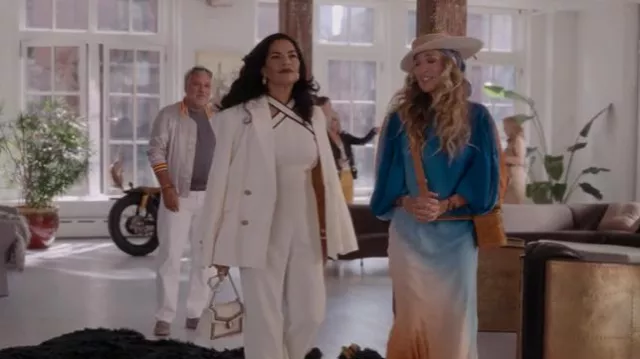 Alexander McQueen Double Breasted Cotton Gabardine Jacket in Optical White worn by Seema Patel (Sarita Choudhury) as seen in And Just Like That… (S01E04)