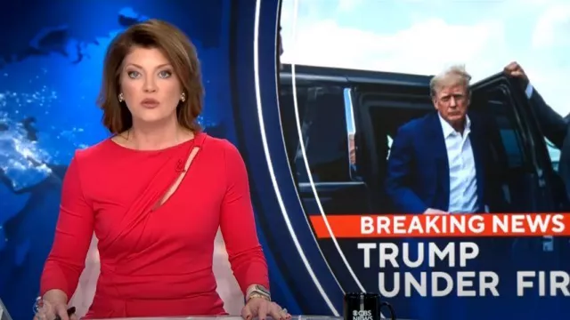 Giorgio Armani Gathered Cut Out Midi-Dress worn by Norah O'Donnell as seen in CBS Evening News on March 24, 2023