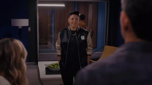 Palm Angels PXP Colour Block Bomber Jack­et worn by Che Diaz (Sara Ramirez) as seen in And Just Like That… (S01E10)