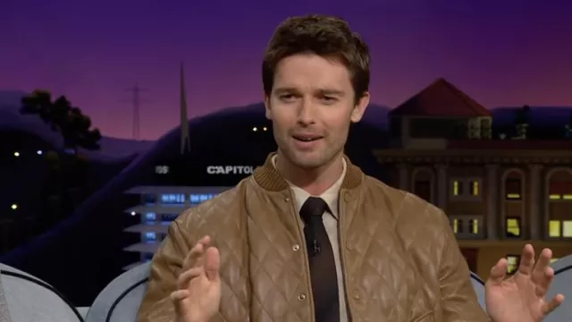 Brown quilted Bomber Jacket in leather worn by Patrick Schwarzenegger as seen in The Late Late Show with James Corden on June 7, 2022