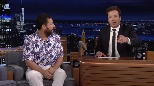 Hawaiian palm tree printed shirt worn by Adam Sandler as seen in The Tonight Show Starring Jimmy Fallon on June 6, 2022